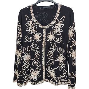 Investments II Cardigan Womens 3X Black Cream V-Neck Button Up Embellished